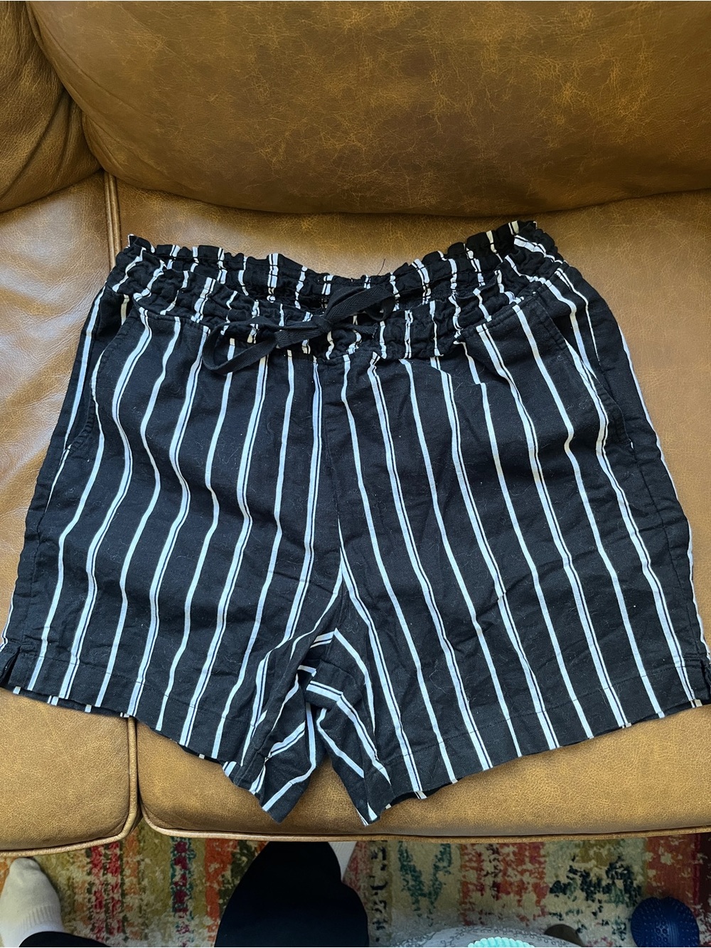 Cotton linen blend black and white stripe shorts